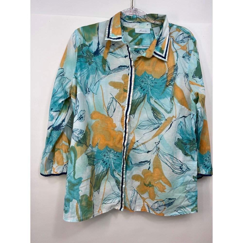 J.H. Collectibles Button Front Shirt Tropical Blue Orange Flowers Womens Size XL